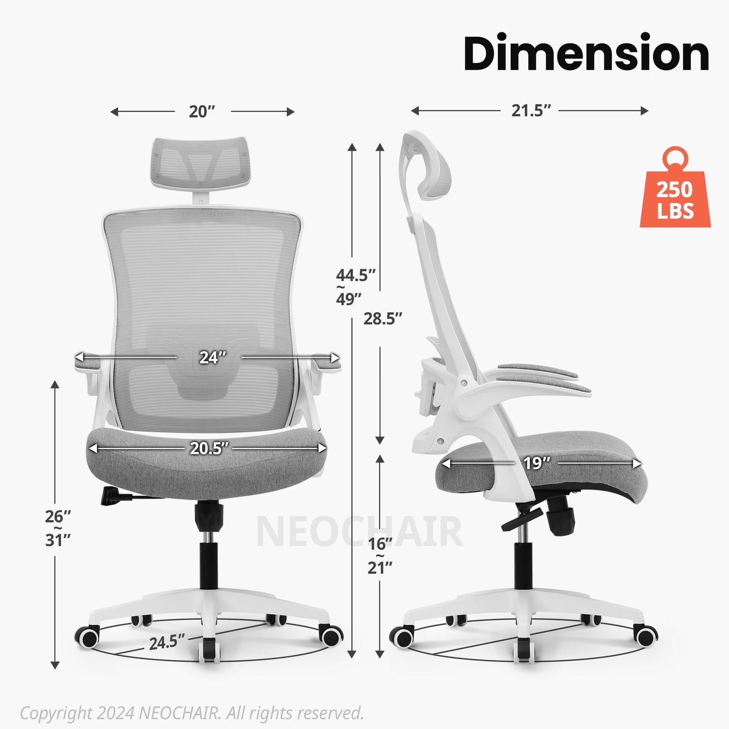 High Back Ergonomic Desk Chair Office Chair, Breathable Mesh Desk Chair with Adjustable Lumbar Support and Headrest, Gray