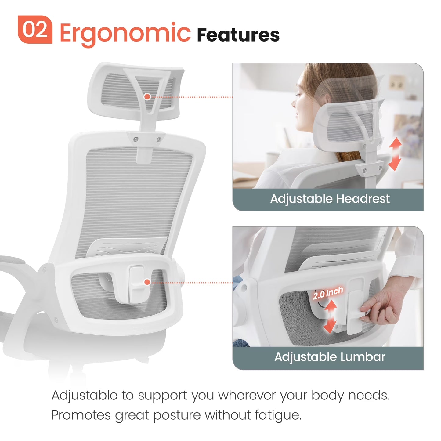 High Back Ergonomic Desk Chair Office Chair, Breathable Mesh Desk Chair with Adjustable Lumbar Support and Headrest, Gray